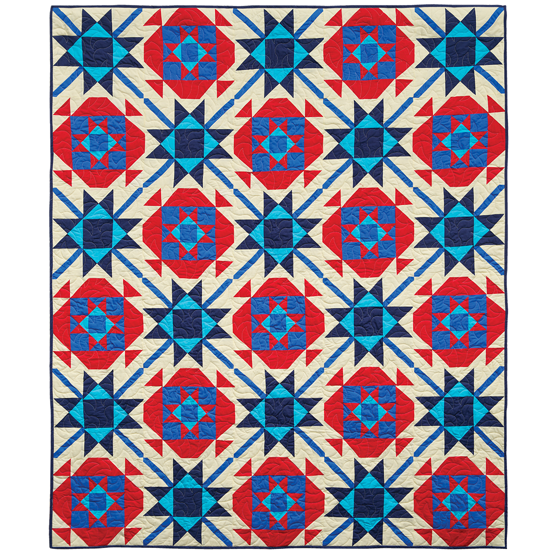 Fireworks patriotic red, white, and blue quilt with alternating blocks by Charisma Horton.