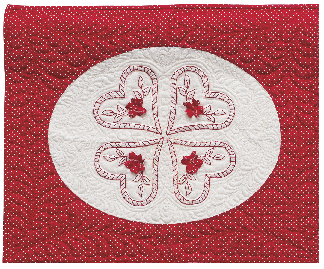 Joan Shay's redwork embroidery, Hearts and Flowers with dimensional embellishment